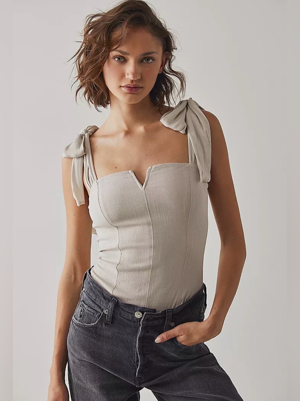 FREE PEOPLE Womens Lola Bodysuit S Tie Shoulder Corset Coquette Romantic Bow